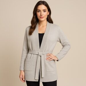 Tory Burch Grey Cashmere Blend Belted Cardigan Sweater